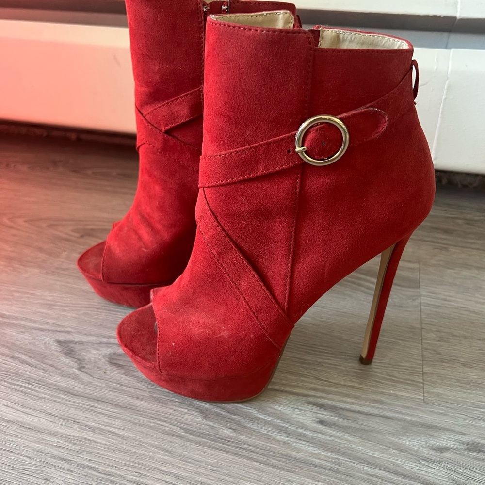 JustFab Red Suede Peep-Toe Ankle Boots